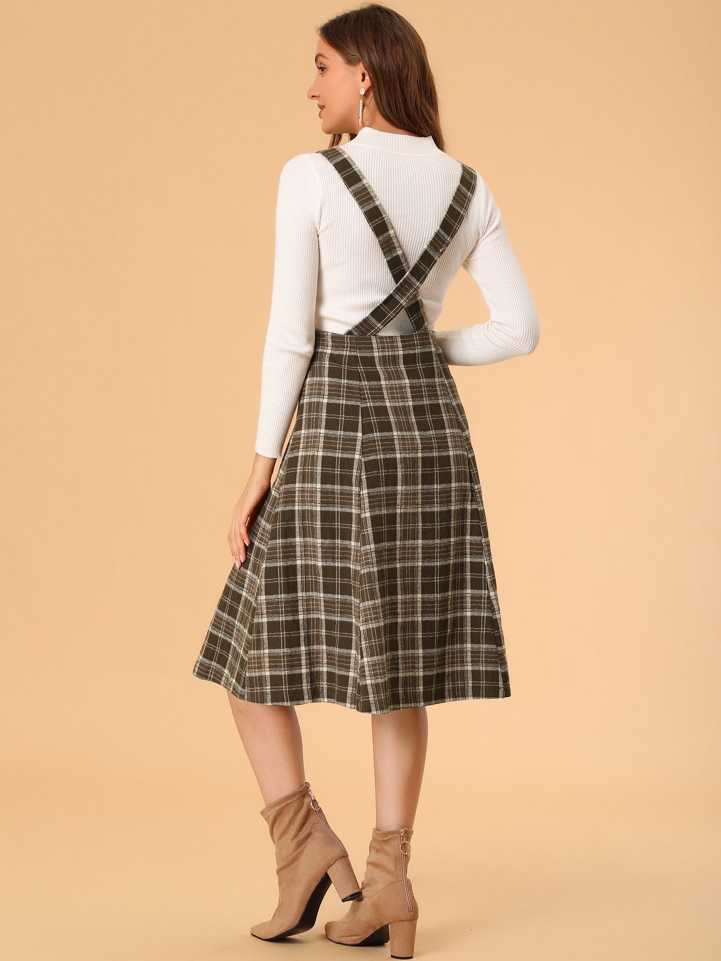 Falda de cuadros escoceses con tirantes para mujer, estilo vintage, de cintura alta, corte A, vestido midi