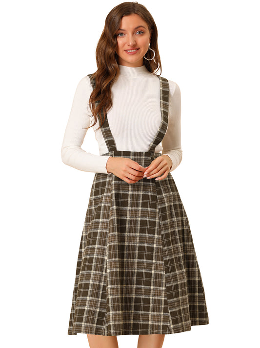 Women's Tartan Plaid Suspender Skirt Vintage High Waist A-Line Midi Overall Dress