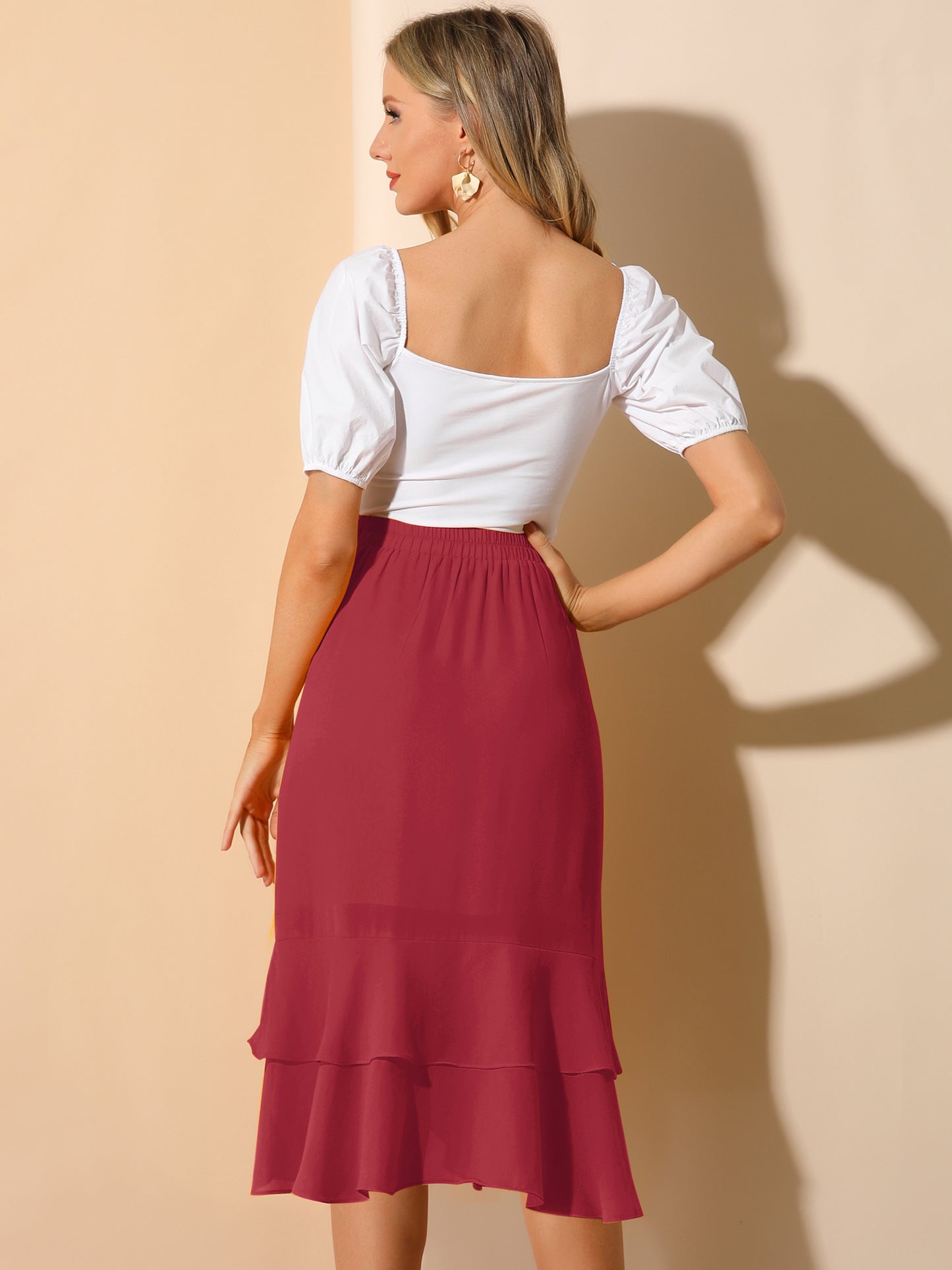 Women's Ruffle Chiffon Tie Waist Asymmetrical Summer Midi Skirt