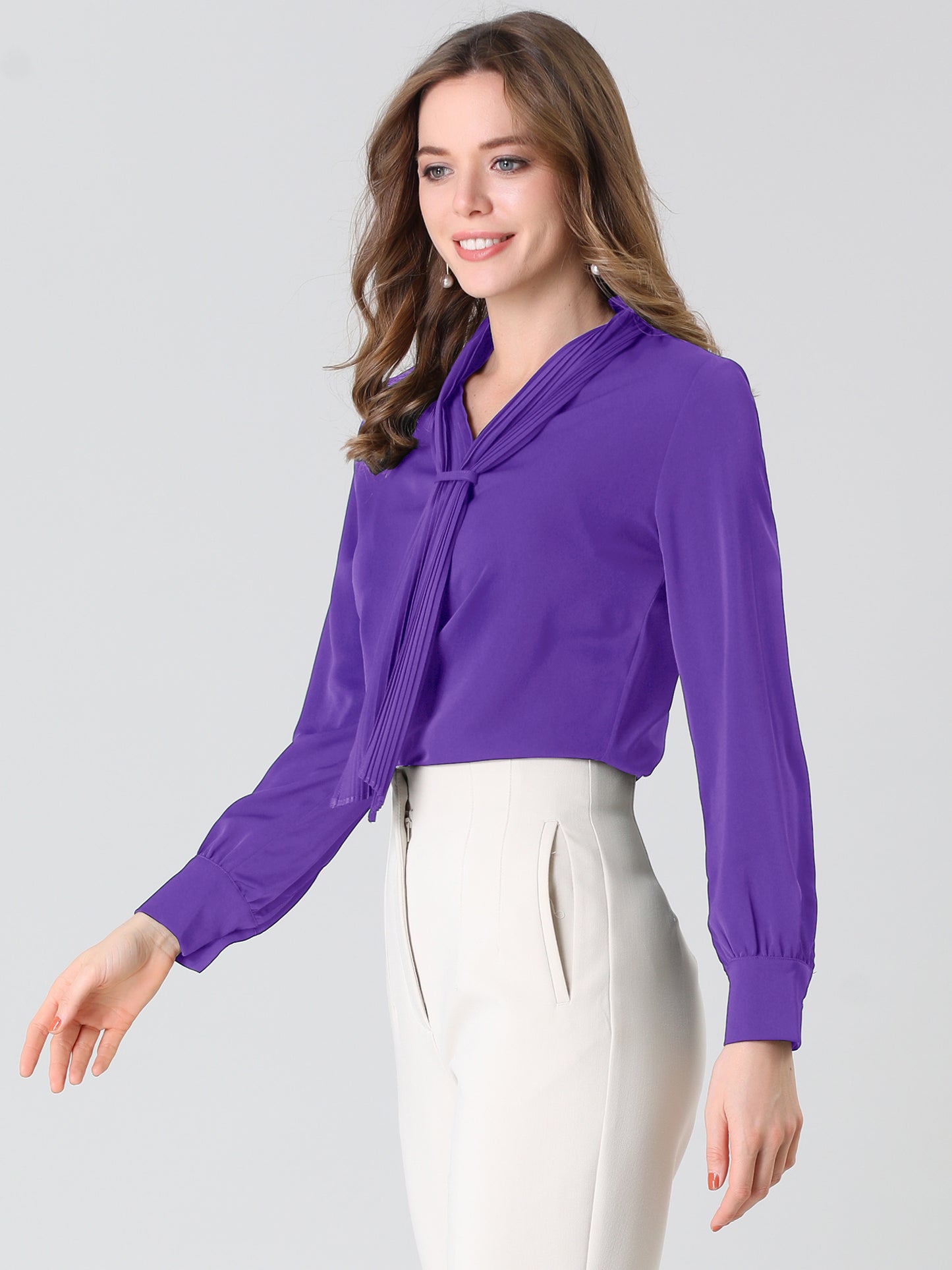 Women's Dressy Long Sleeve Chiffon Pleated Tie Neck Office Shirt (Available in Plus Size)