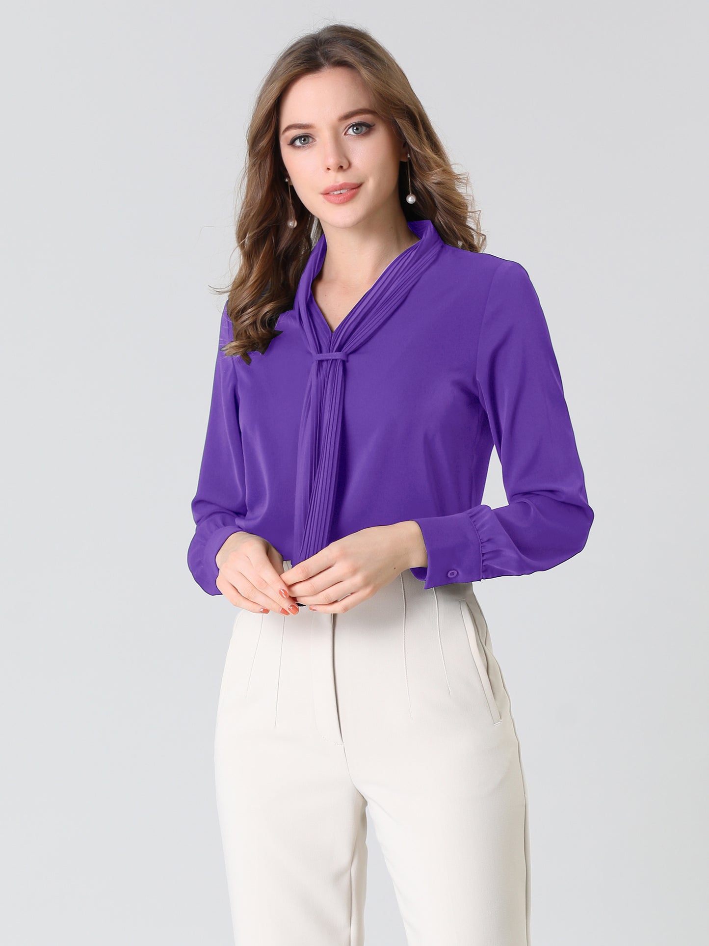 Women's Dressy Long Sleeve Chiffon Pleated Tie Neck Office Shirt (Available in Plus Size)
