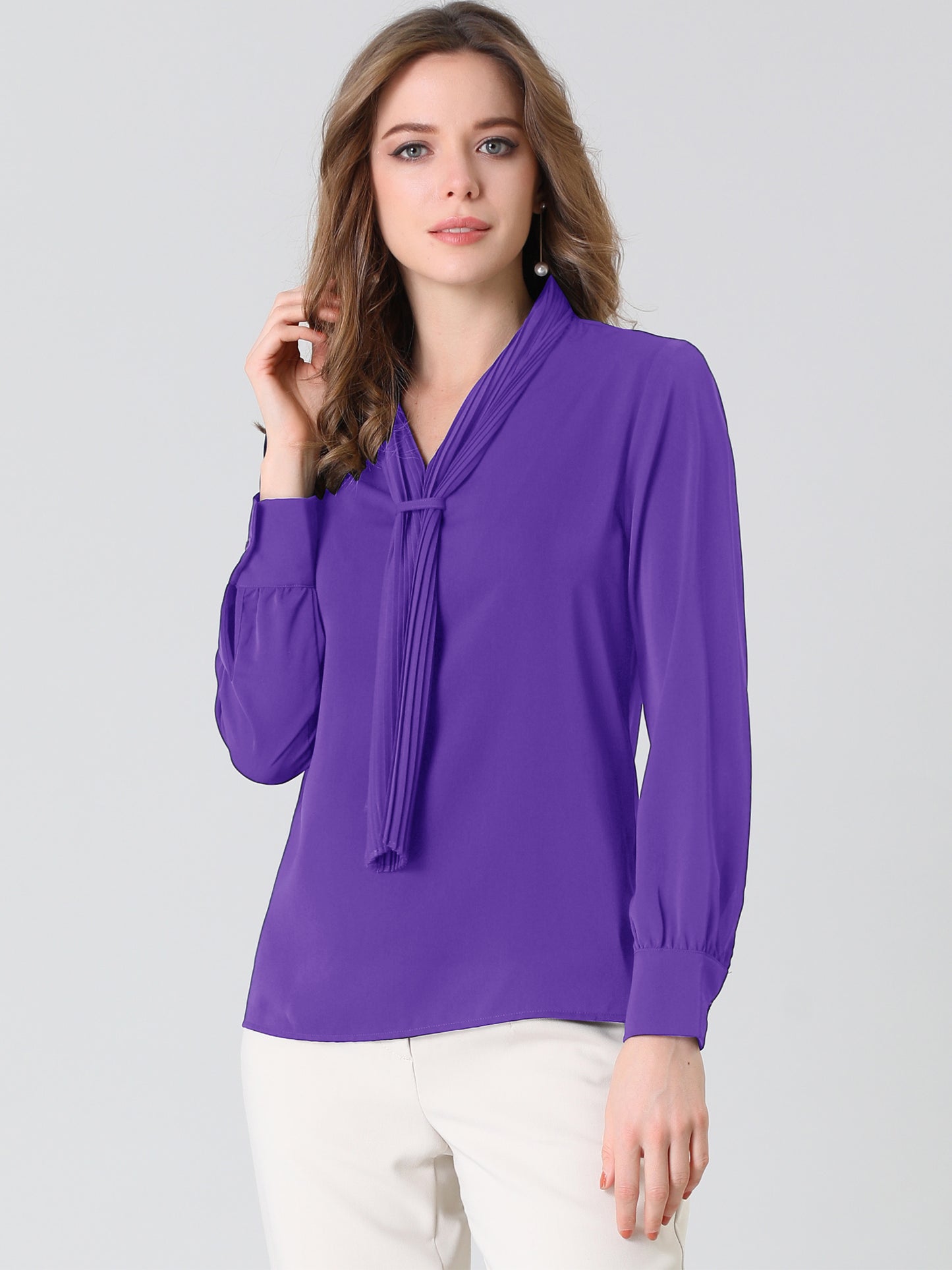 Women's Dressy Long Sleeve Chiffon Pleated Tie Neck Office Shirt (Available in Plus Size)