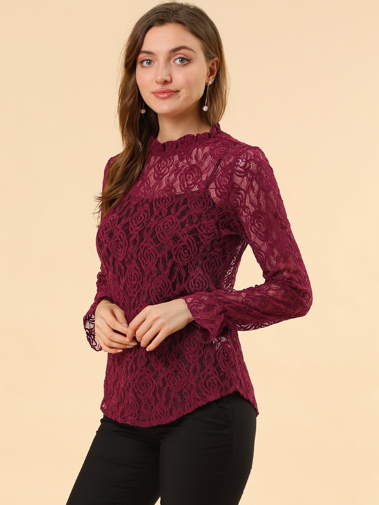 Women's Elegant See Through Top Ruffle Frill Neck Long Sleeve Floral Lace Blouse