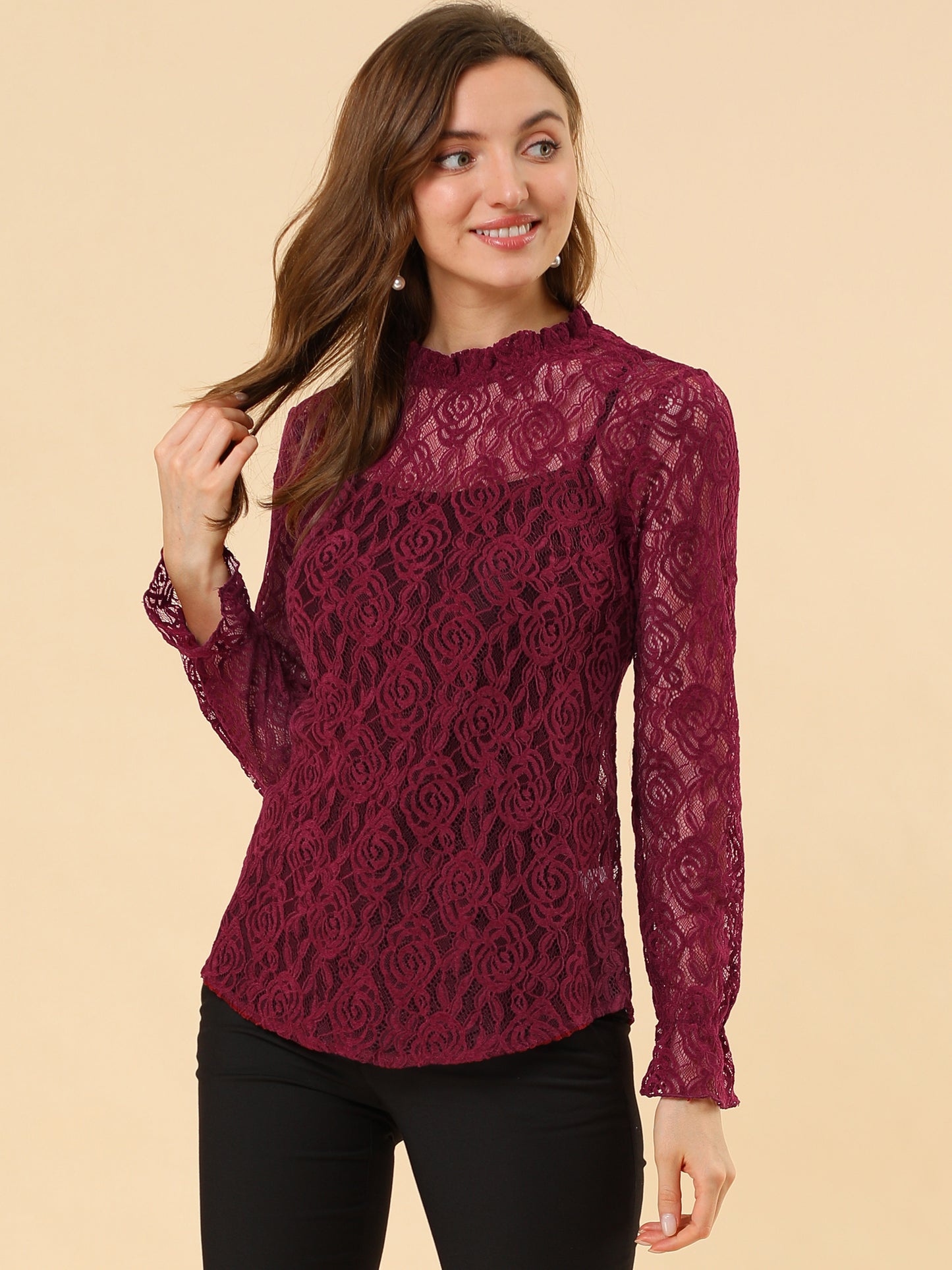 Women's Elegant See Through Top Ruffle Frill Neck Long Sleeve Floral Lace Blouse