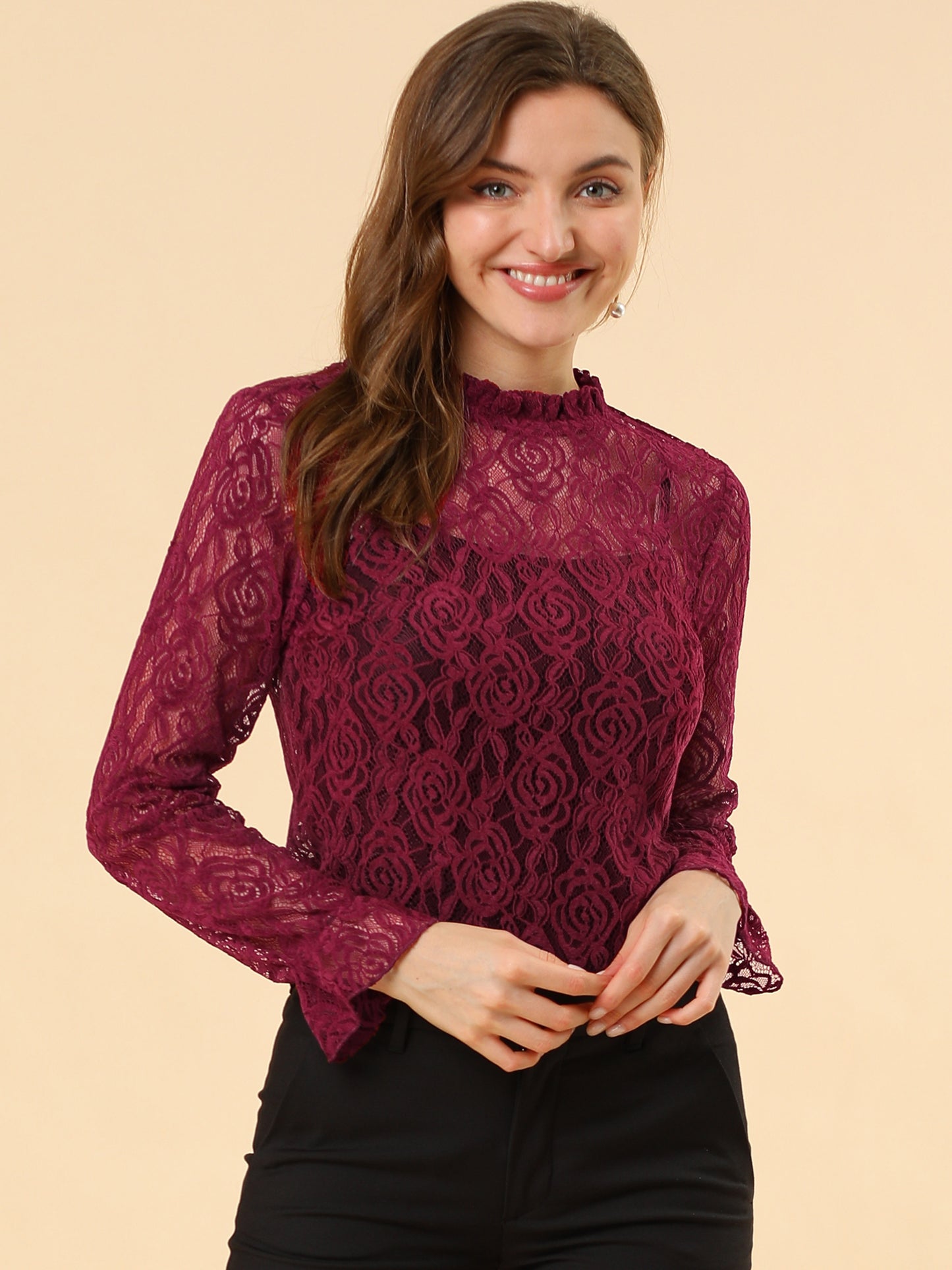 Women's Elegant See Through Top Ruffle Frill Neck Long Sleeve Floral Lace Blouse
