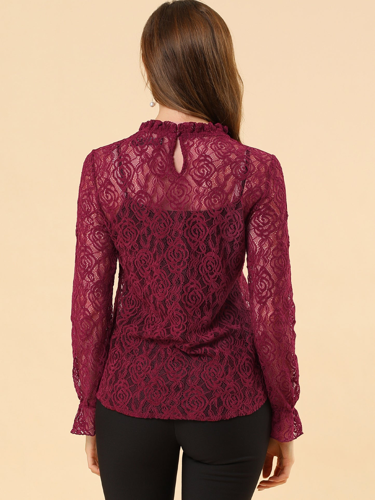Women's Elegant See Through Top Ruffle Frill Neck Long Sleeve Floral Lace Blouse