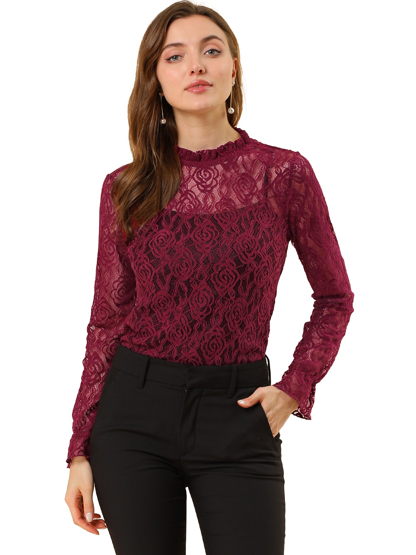Women's Elegant See Through Top Ruffle Frill Neck Long Sleeve Floral Lace Blouse