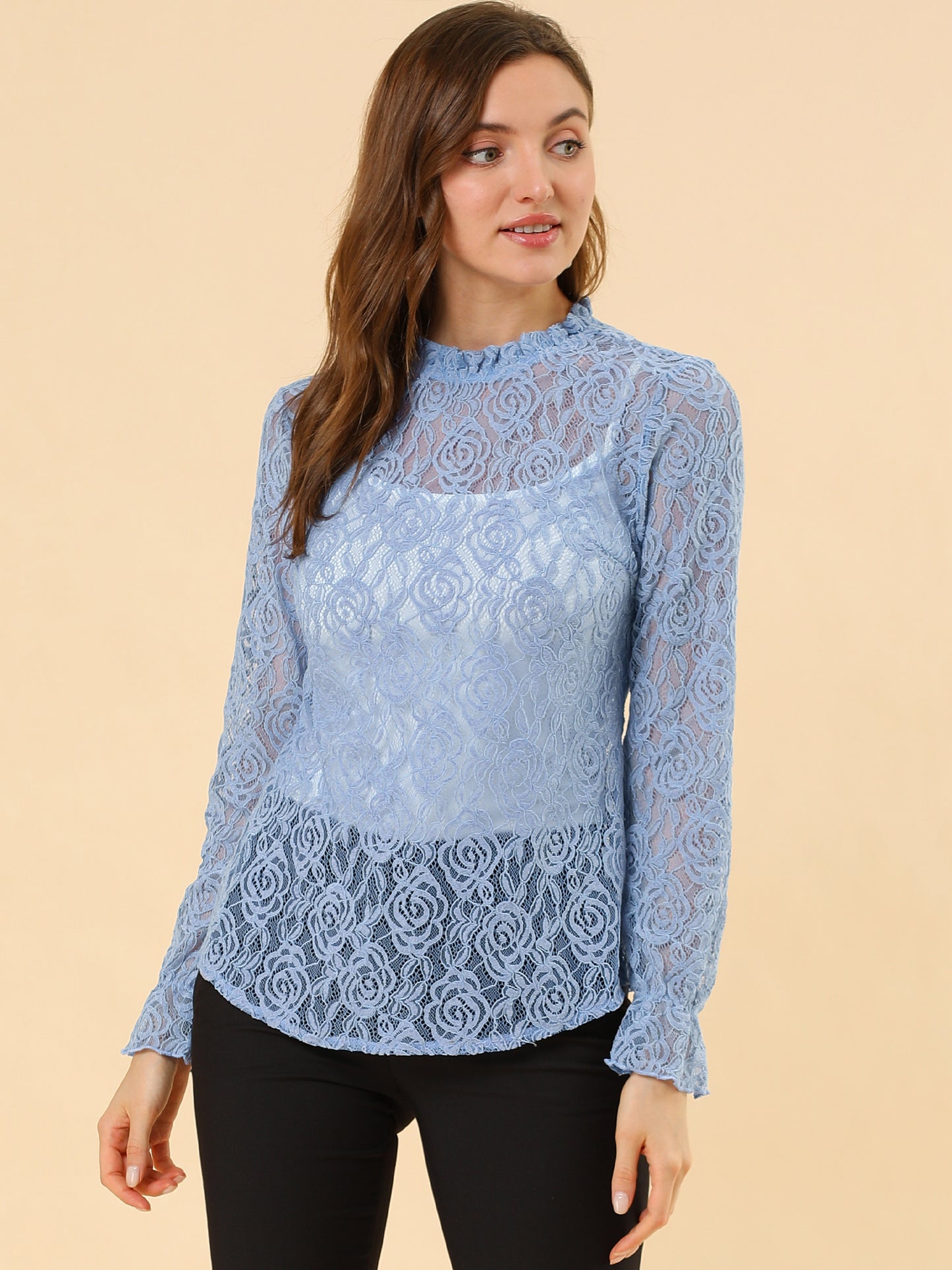 Women's Elegant See Through Top Ruffle Frill Neck Long Sleeve Floral Lace Blouse