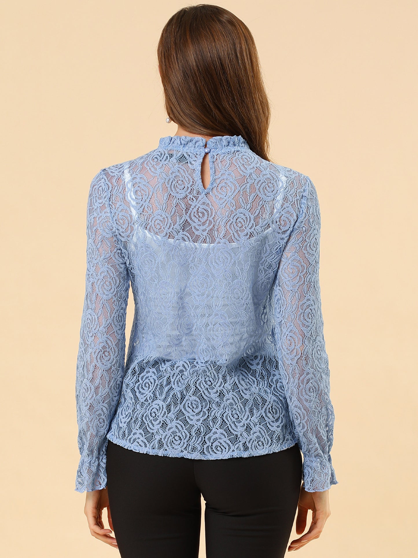 Women's Elegant See Through Top Ruffle Frill Neck Long Sleeve Floral Lace Blouse
