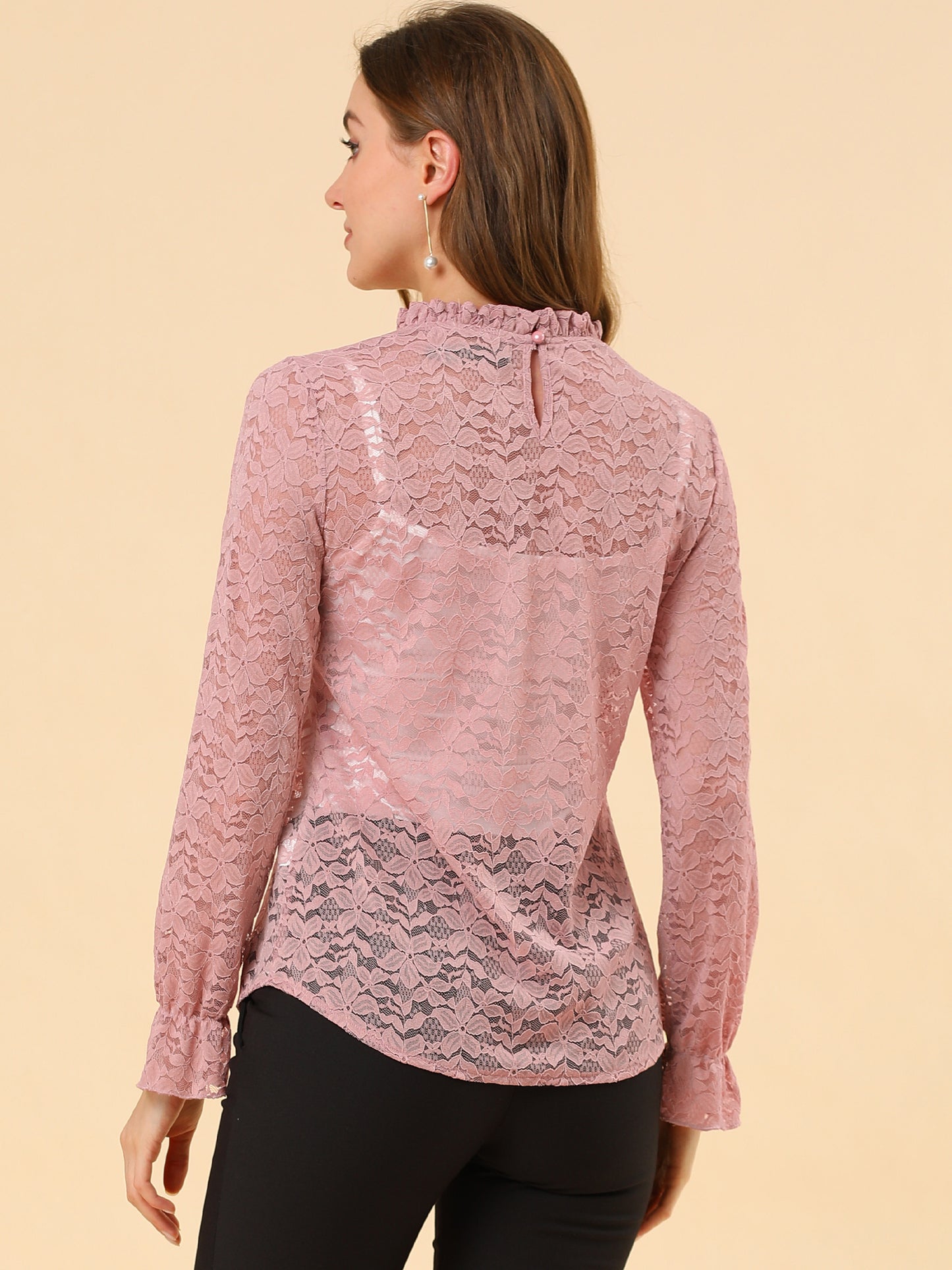 Women's Elegant See Through Top Ruffle Frill Neck Long Sleeve Floral Lace Blouse