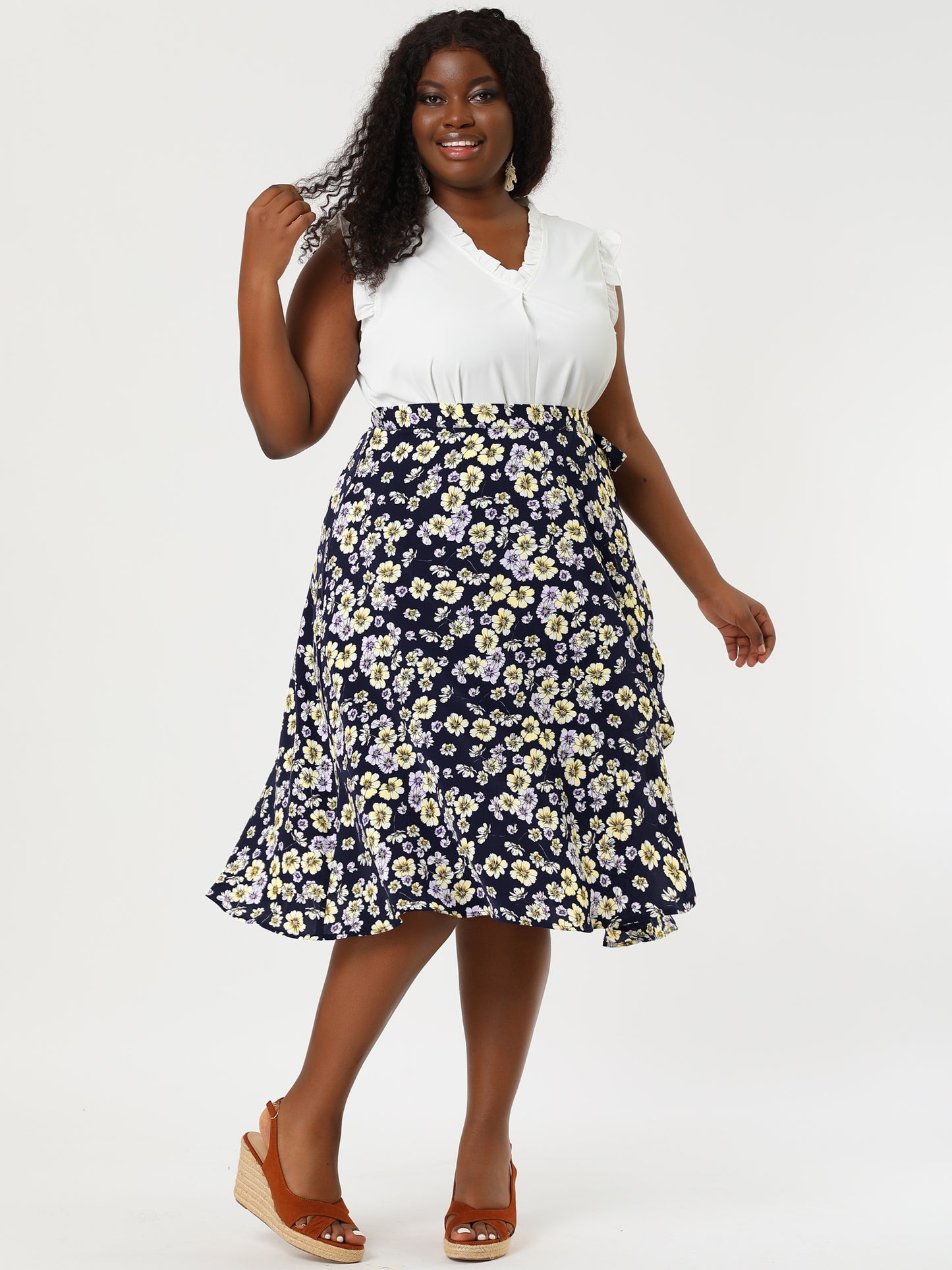 Women's Plus Size Boho Floral Wrap A Line Midi Chic Ruffled Hem High Waisted Skirt