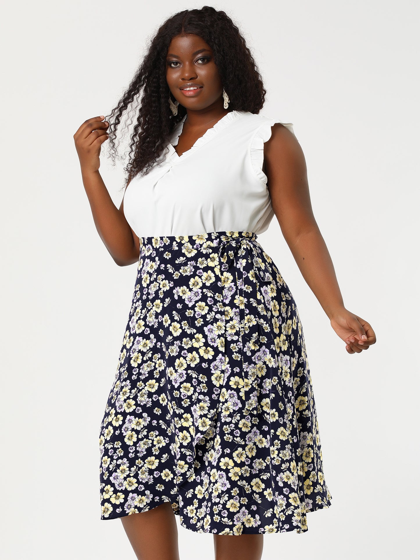 Women's Plus Size Boho Floral Wrap A Line Midi Chic Ruffled Hem High Waisted Skirt