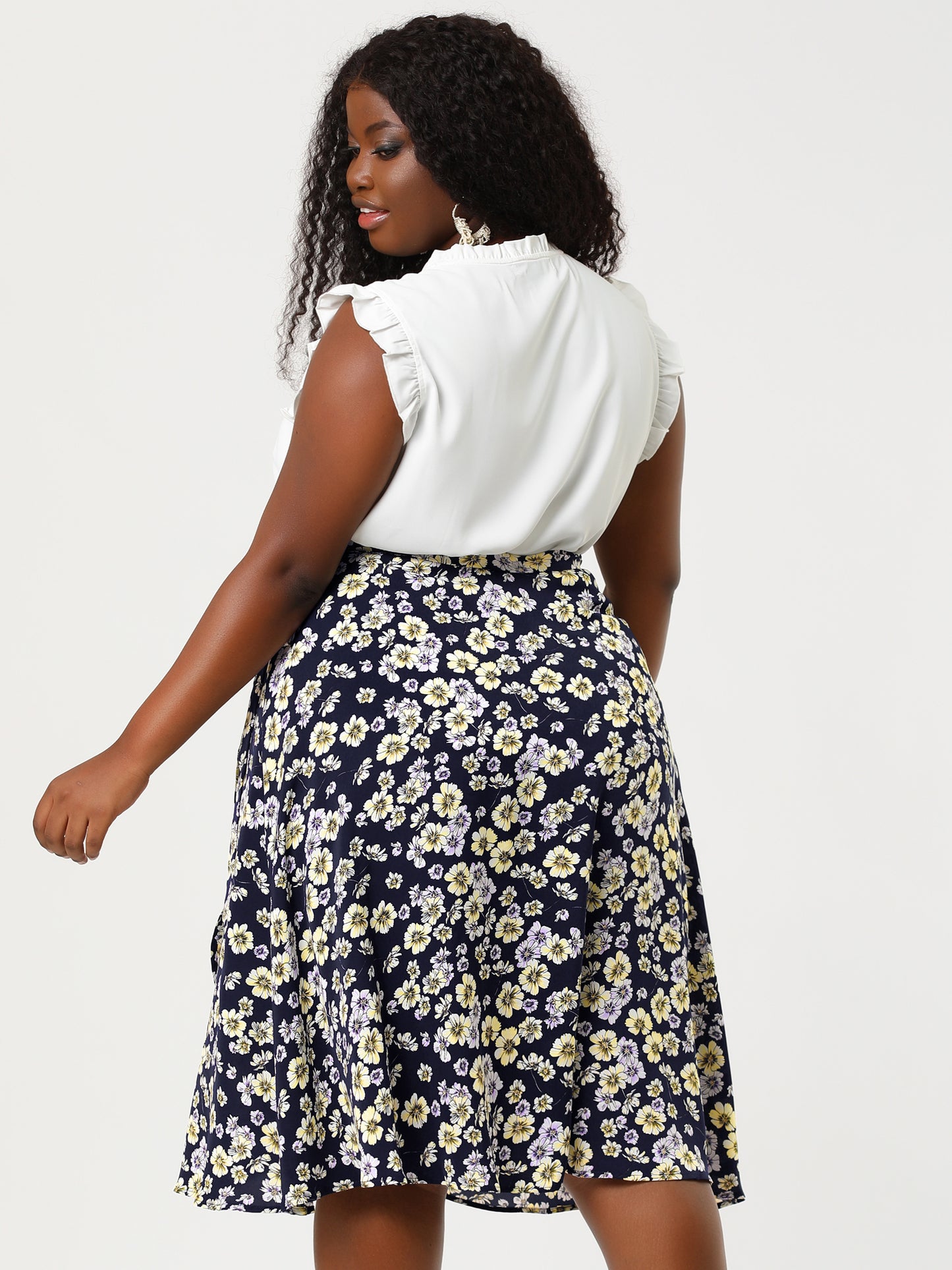 Women's Plus Size Boho Floral Wrap A Line Midi Chic Ruffled Hem High Waisted Skirt