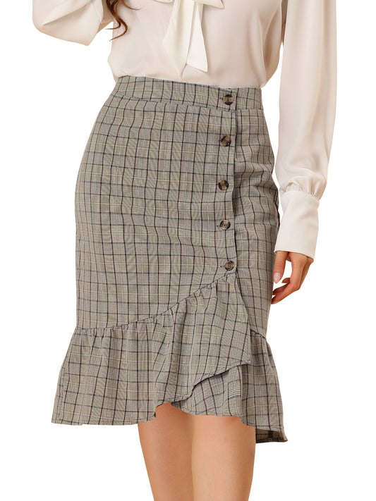 Women's Plaid Asymmetric Fishtail Button Work Office Ruffle Pencil Skirt