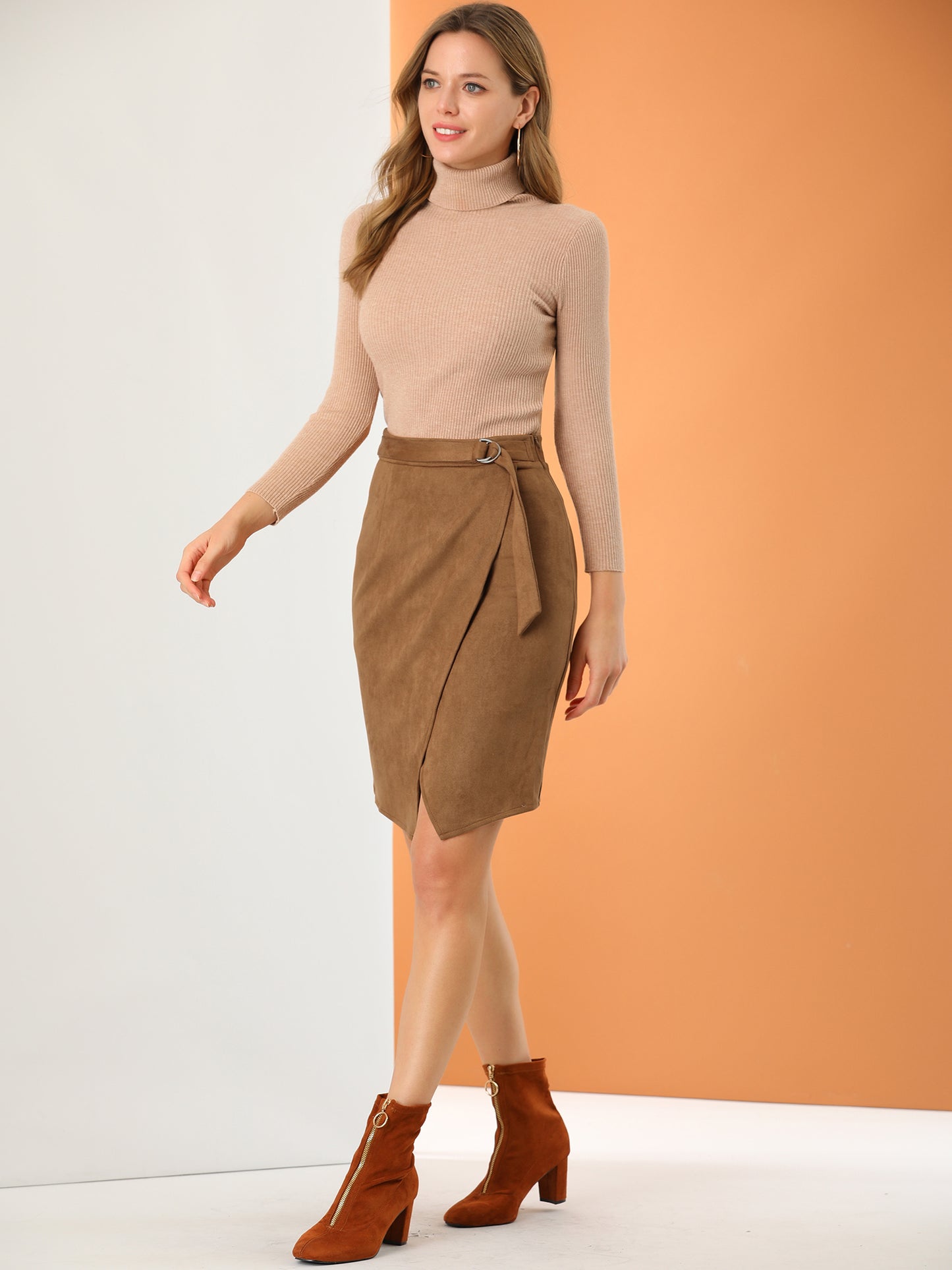 Falda de gamuza sintética para mujer, con abertura frontal, cruzada, hasta la rodilla, estilo lápiz
