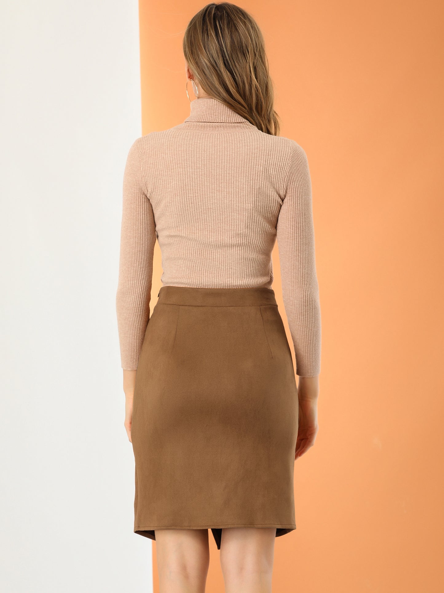 Falda de gamuza sintética para mujer, con abertura frontal, cruzada, hasta la rodilla, estilo lápiz