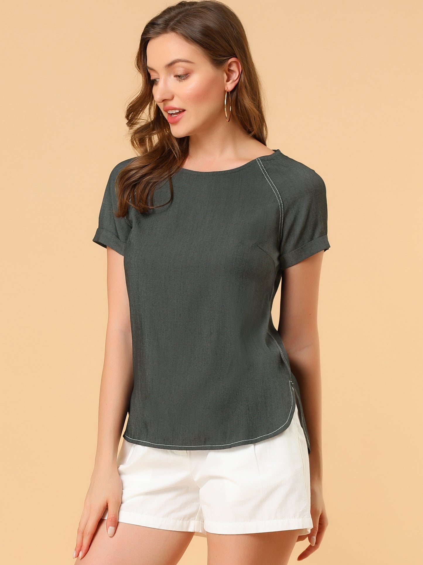 Women's Chambray Side Slit Raglan Short Sleeve Top
