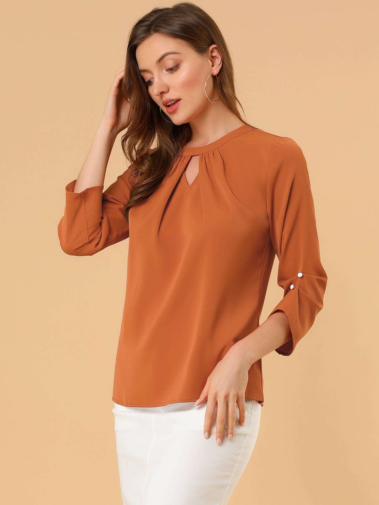 Women's Dressy Work Office Keyhole Pleated Front Ruched 3/4 Sleeve Chiffon Shirt