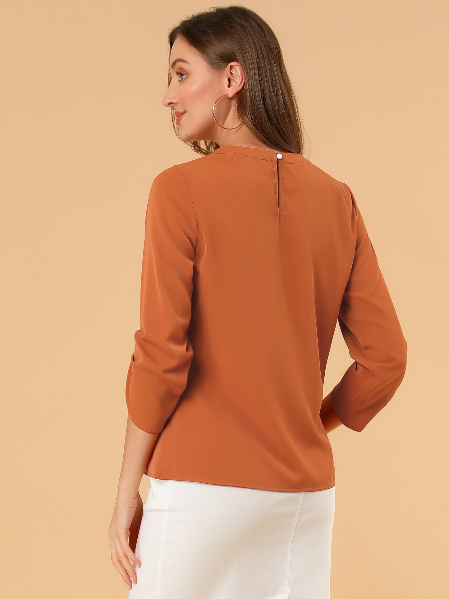 Women's Dressy Work Office Keyhole Pleated Front Ruched 3/4 Sleeve Chiffon Shirt
