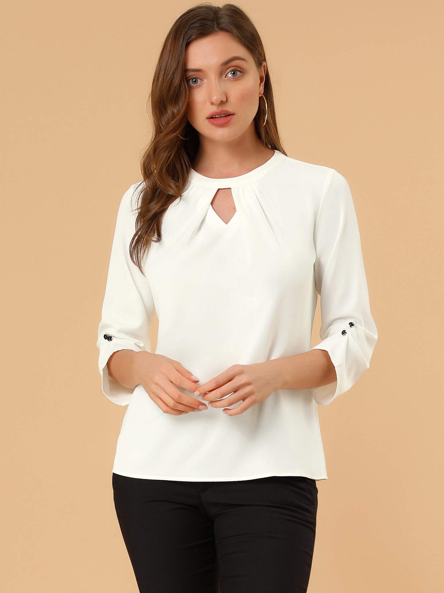 Women's Dressy Work Office Keyhole Pleated Front Ruched 3/4 Sleeve Chiffon Shirt (Available in Plus Size)