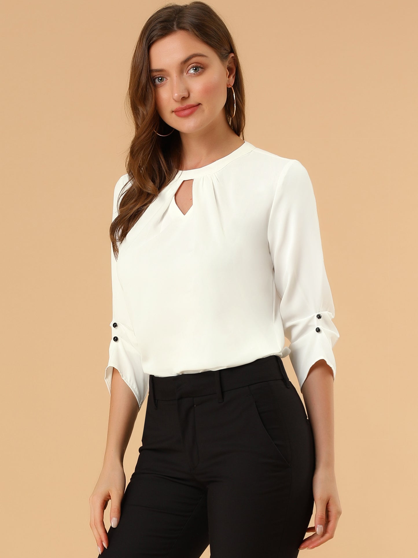 Women's Dressy Work Office Keyhole Pleated Front Ruched 3/4 Sleeve Chiffon Shirt (Available in Plus Size)