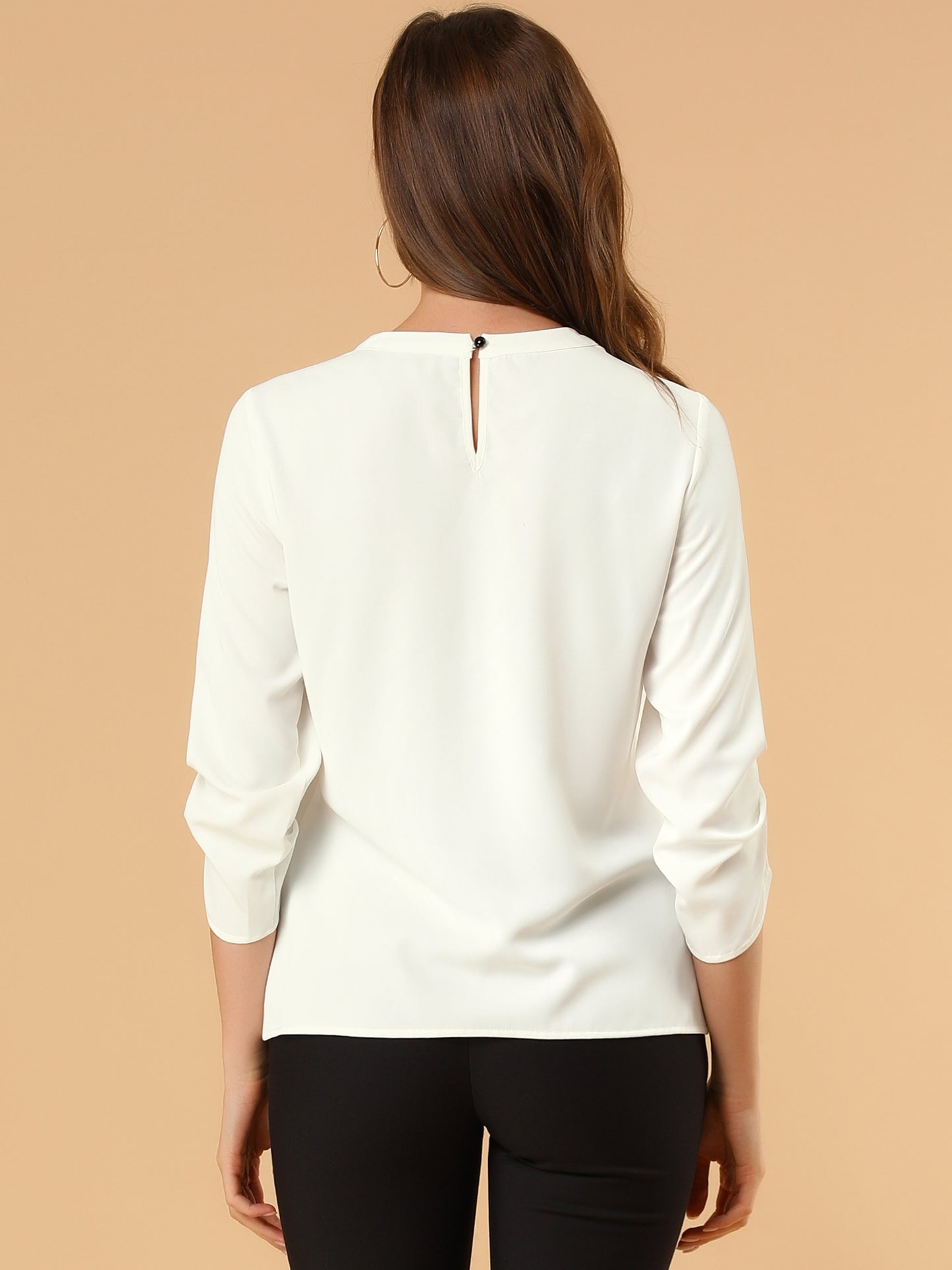 Women's Dressy Work Office Keyhole Pleated Front Ruched 3/4 Sleeve Chiffon Shirt (Available in Plus Size)
