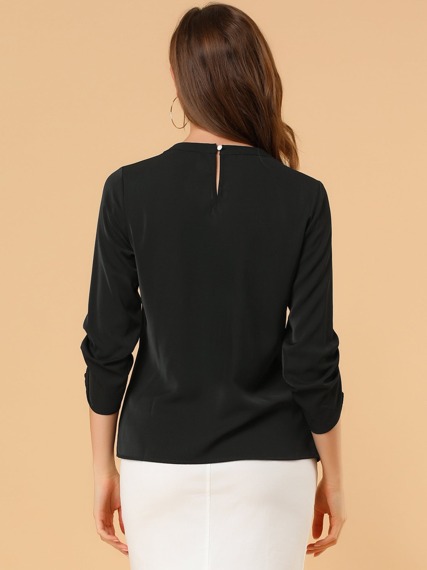 Women's Dressy Work Office Keyhole Pleated Front Ruched 3/4 Sleeve Chiffon Shirt (Available in Plus Size)