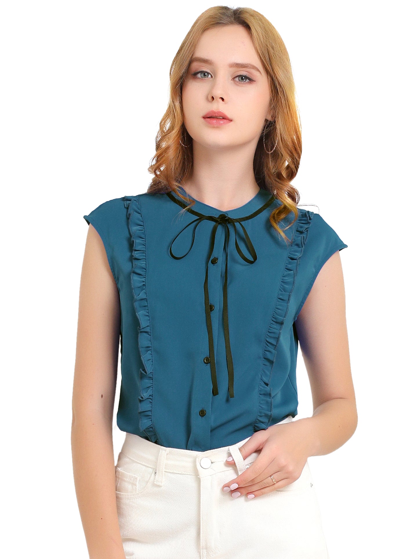 Women's Summer Tie Neck Ruffle Sleeveless Button Down Blouse Shirt