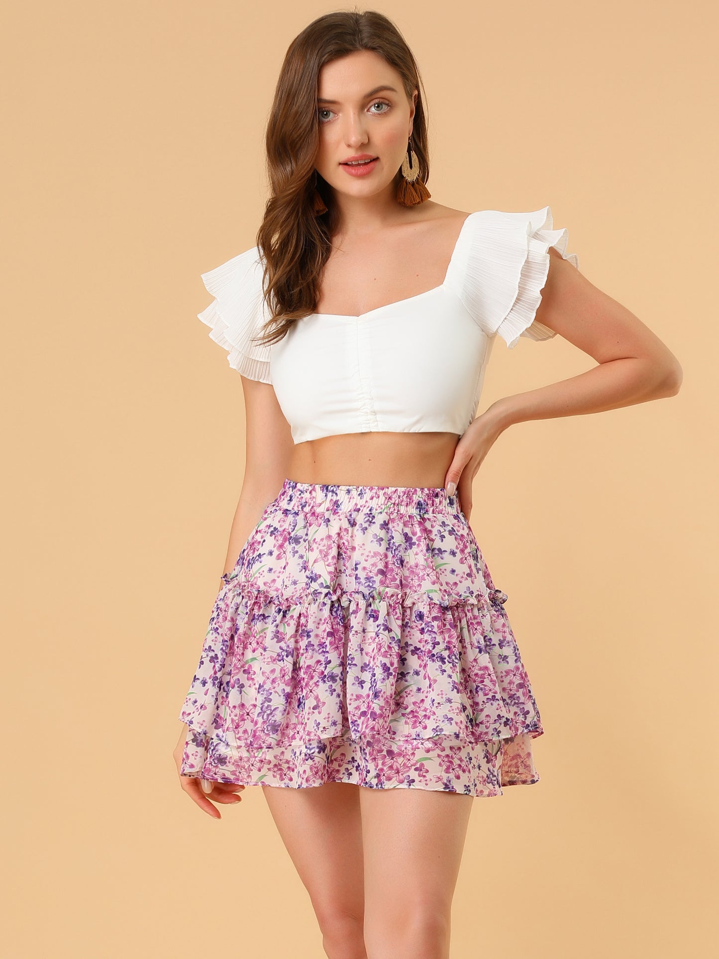Falda corta con estampado floral para mujer, cintura alta elástica, con volantes y corte A