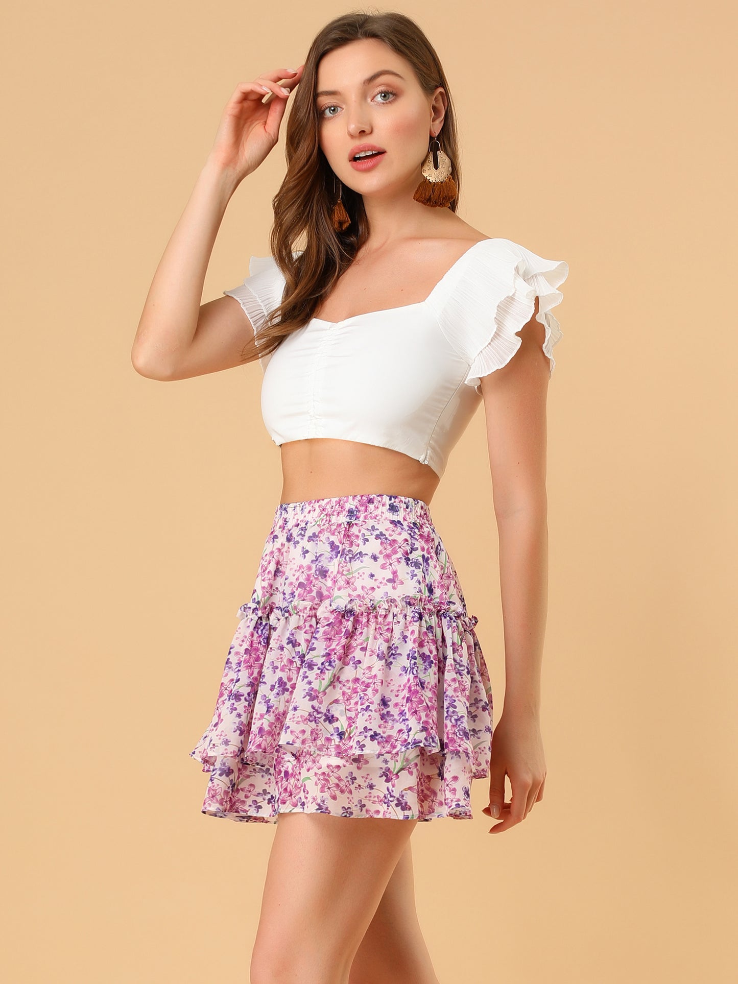 Falda corta con estampado floral para mujer, cintura alta elástica, con volantes y corte A