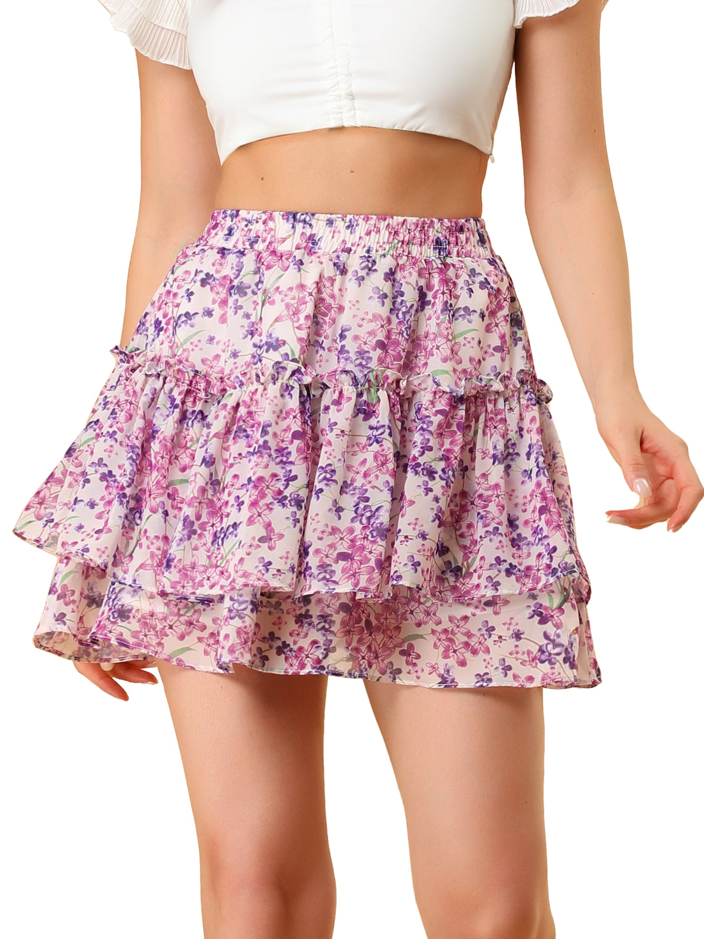 Falda corta con estampado floral para mujer, cintura alta elástica, con volantes y corte A