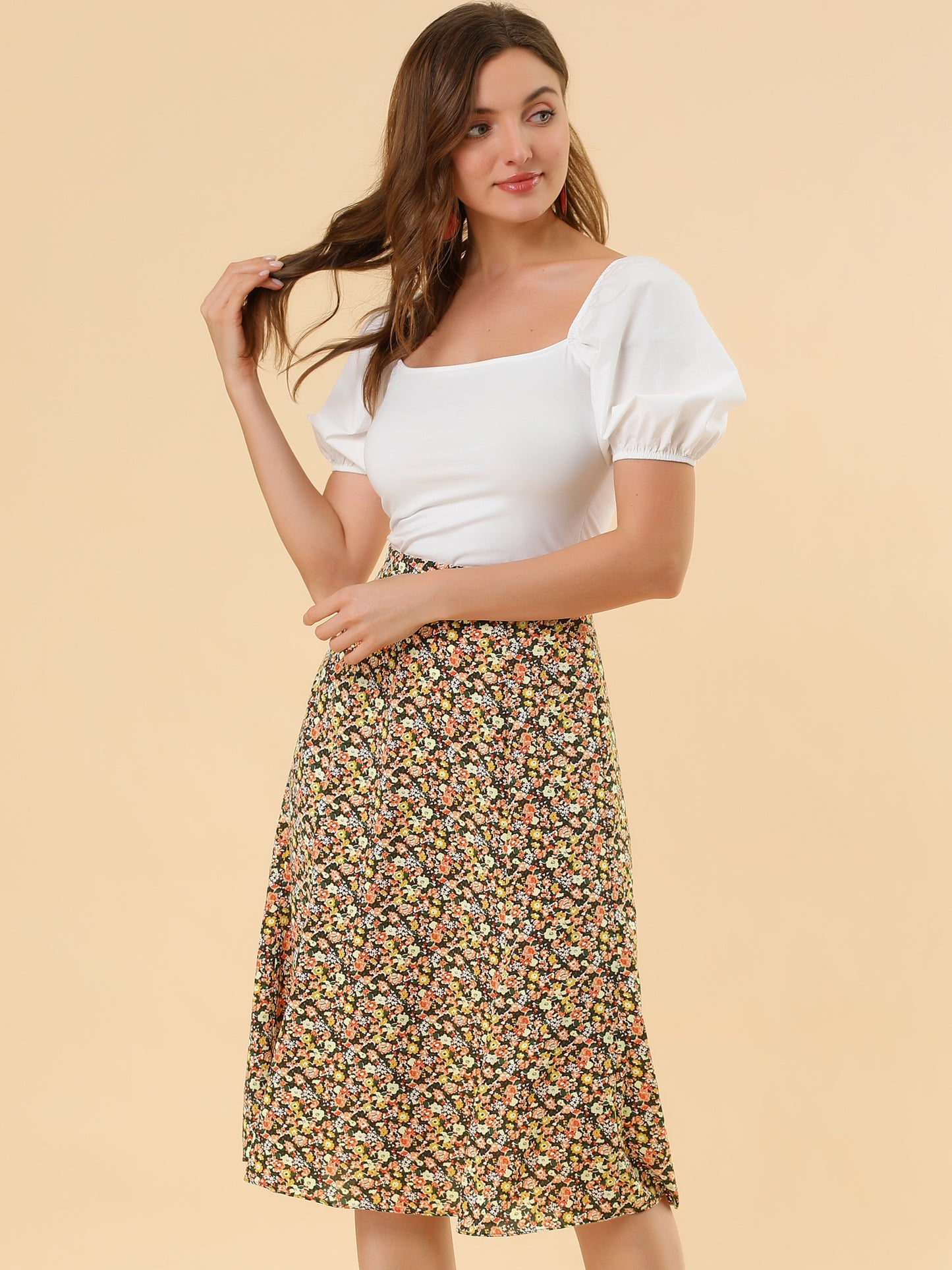 Falda midi floral para mujer, cintura elástica, corte A, estampado de florecitas