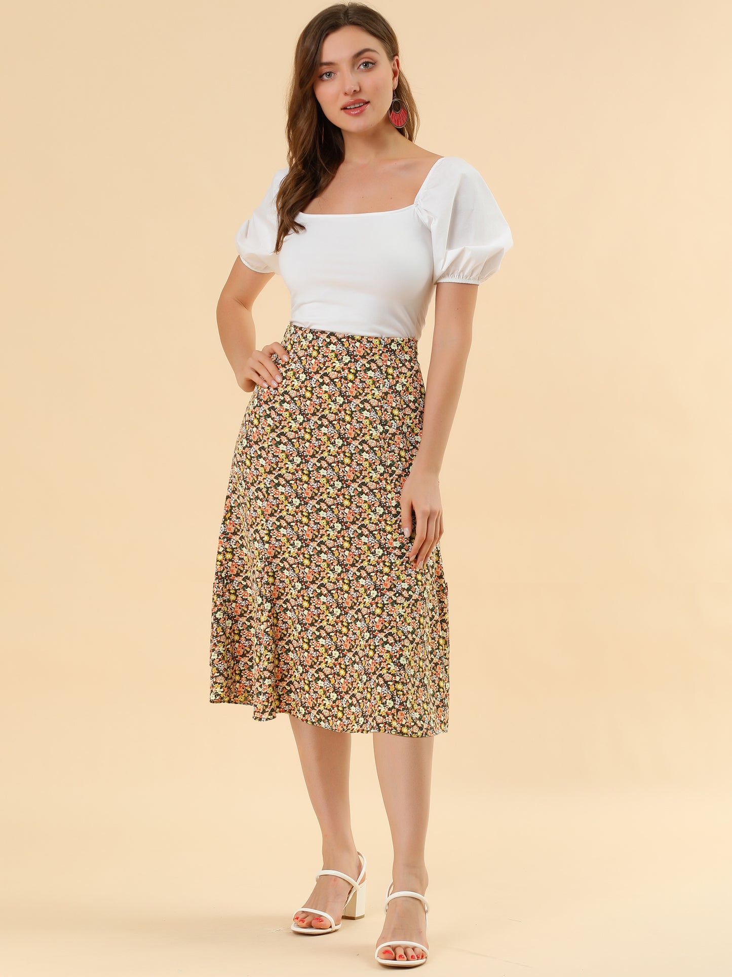 Falda midi floral para mujer, cintura elástica, corte A, estampado de florecitas