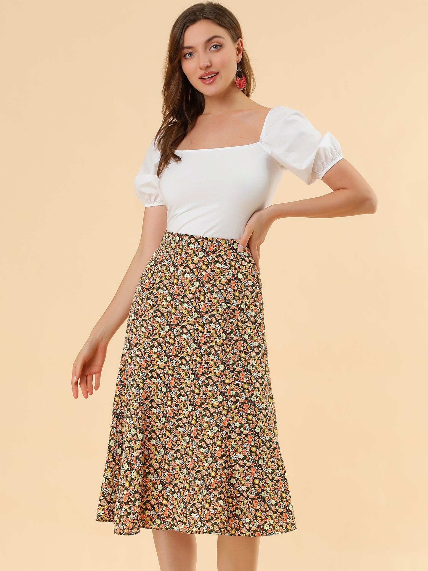 Falda midi floral para mujer, cintura elástica, corte A, estampado de florecitas