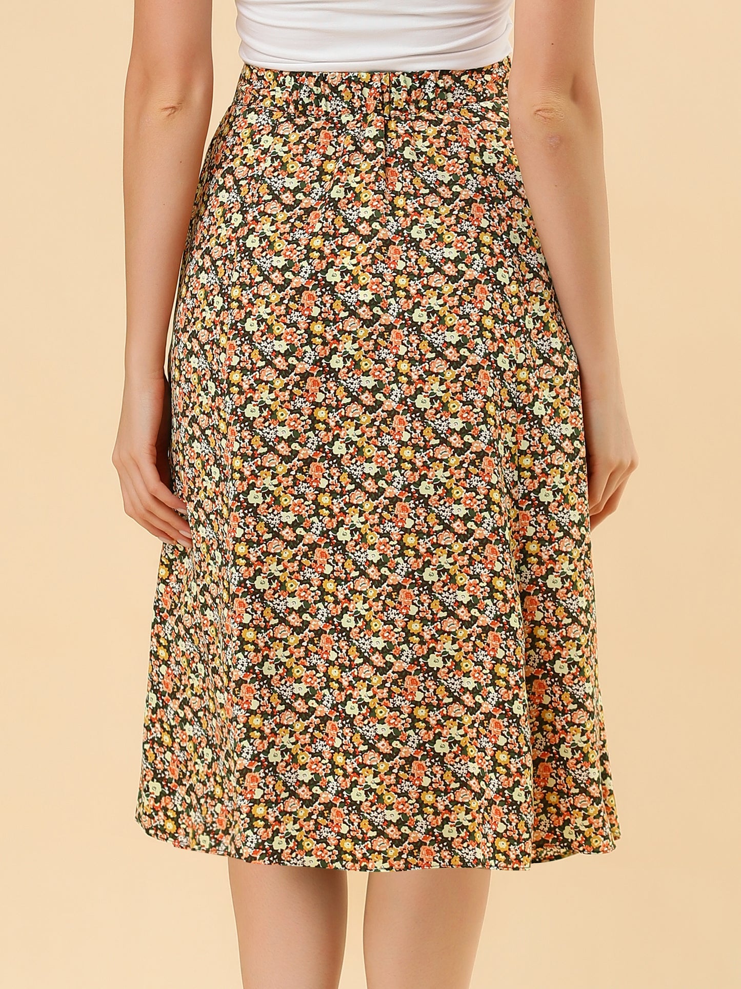 Falda midi floral para mujer, cintura elástica, corte A, estampado de florecitas