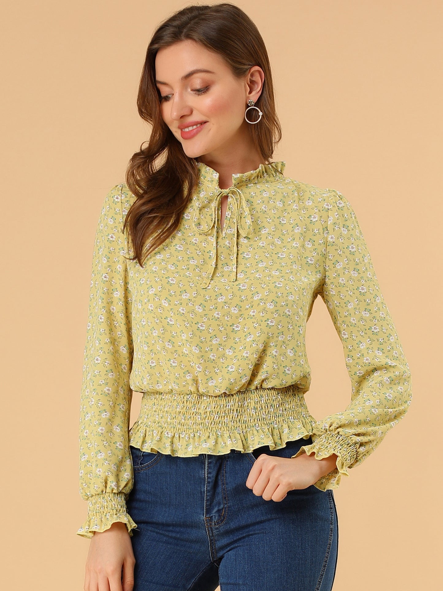 Women's Ruffle Neck Long Sleeve Cropped Smocked Floral Blouse