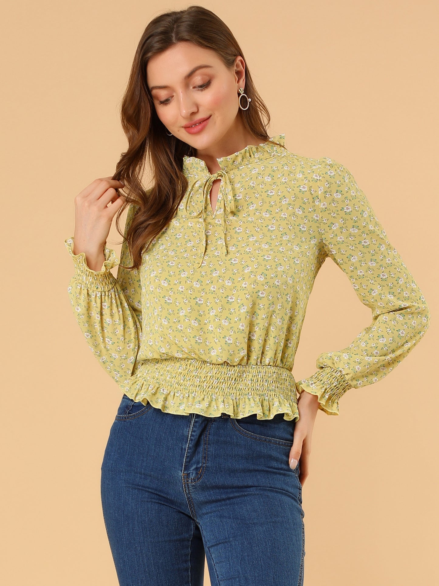 Women's Ruffle Neck Long Sleeve Cropped Smocked Floral Blouse