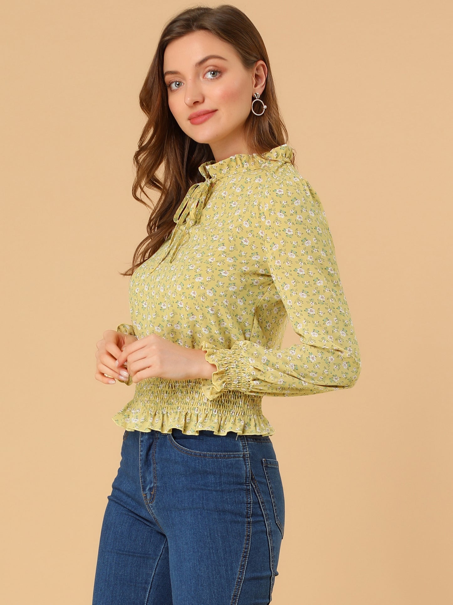 Women's Ruffle Neck Long Sleeve Cropped Smocked Floral Blouse