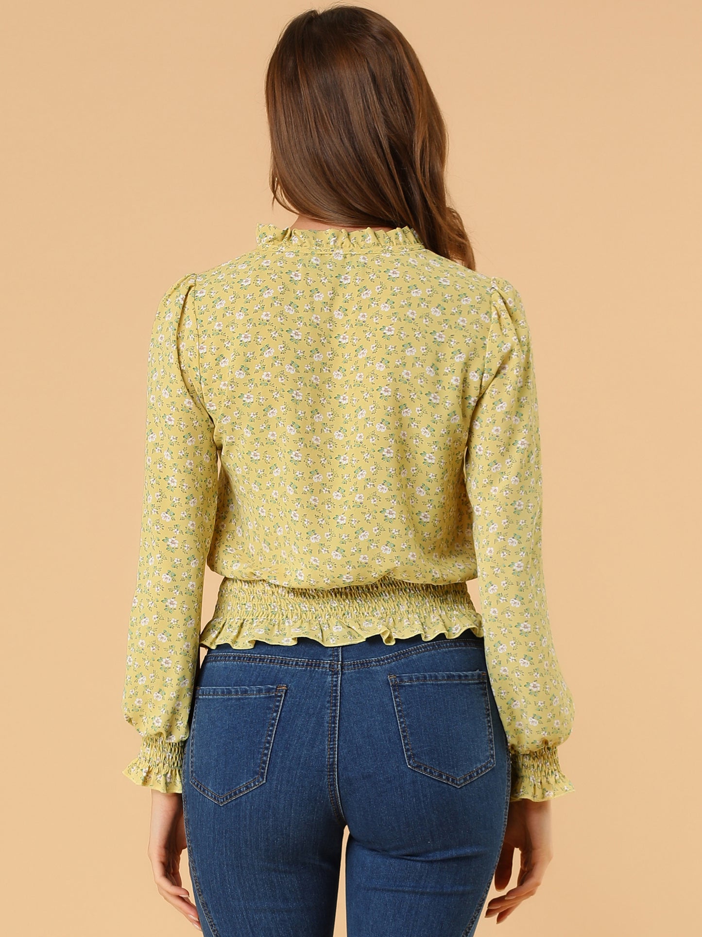 Women's Ruffle Neck Long Sleeve Cropped Smocked Floral Blouse