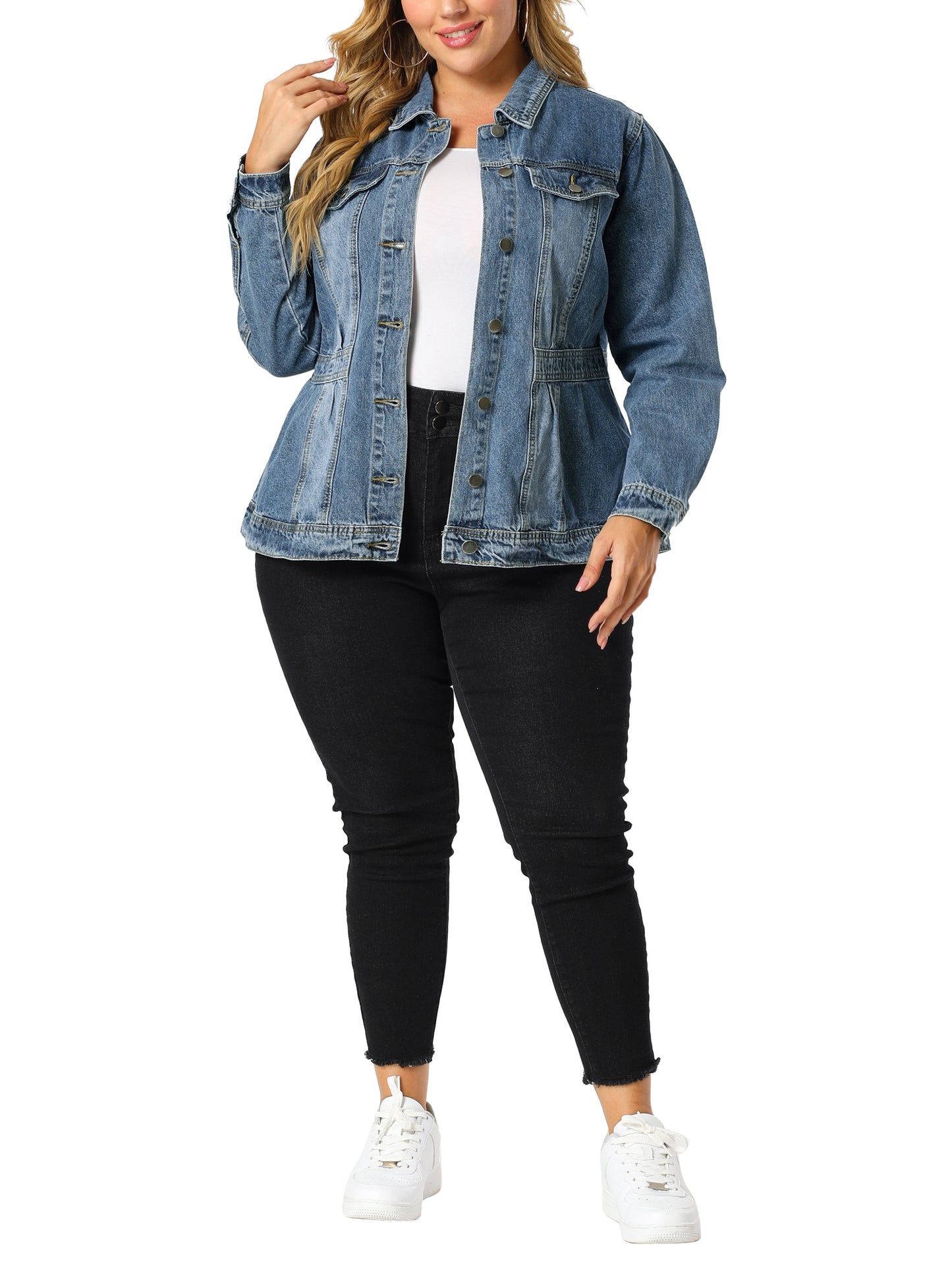 Women Plus Size Denim Jacket Long Sleeve Button Down Washed Front Trucker Jean Jacket