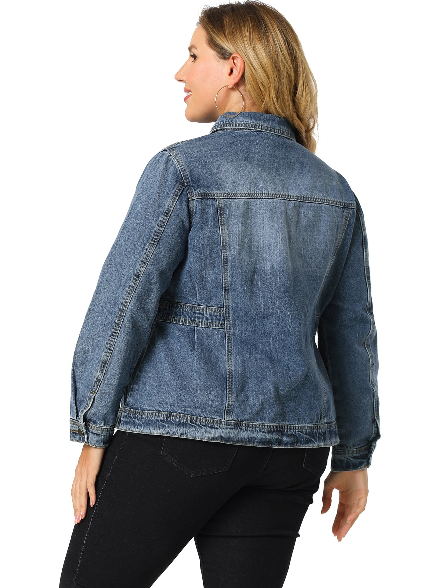 Women Plus Size Denim Jacket Long Sleeve Button Down Washed Front Trucker Jean Jacket