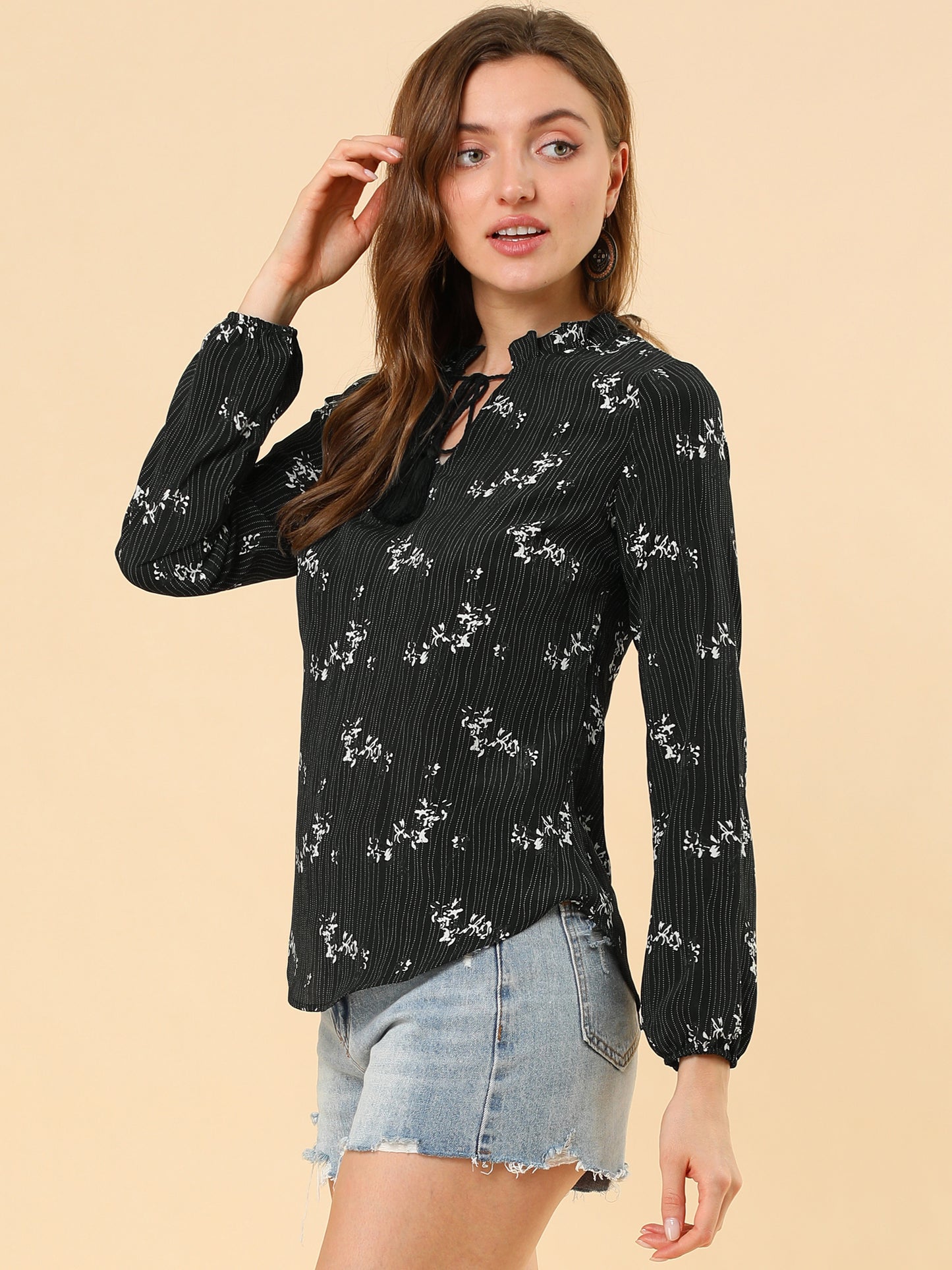 Women's Boho Tassel Self Tie Neck Long Sleeve Floral Peasant Blouse