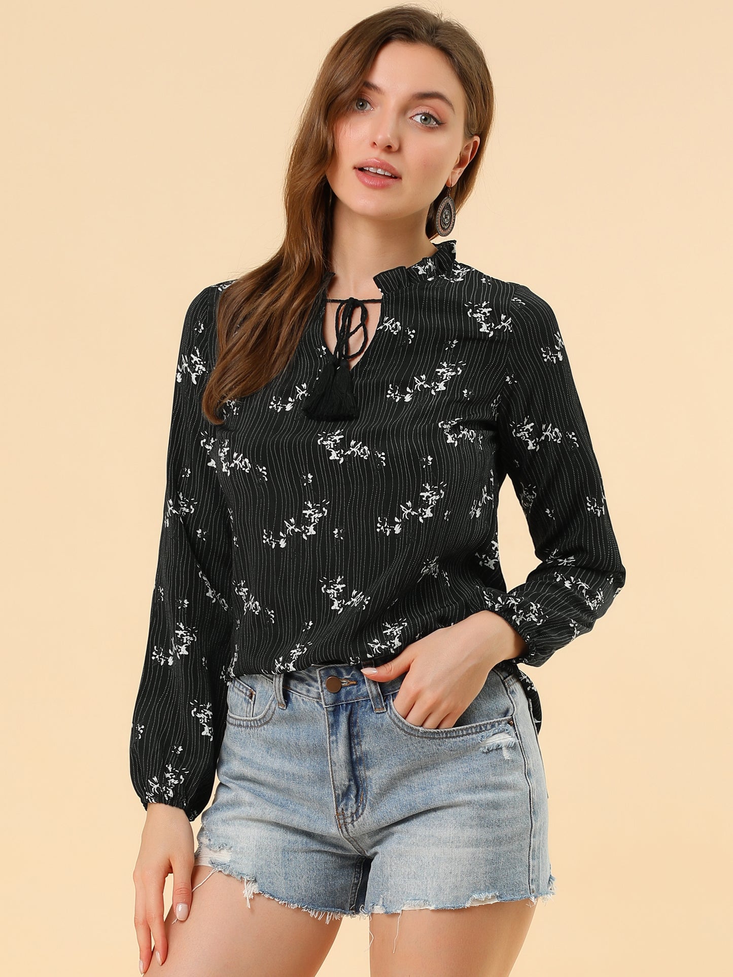 Women's Boho Tassel Self Tie Neck Long Sleeve Floral Peasant Blouse