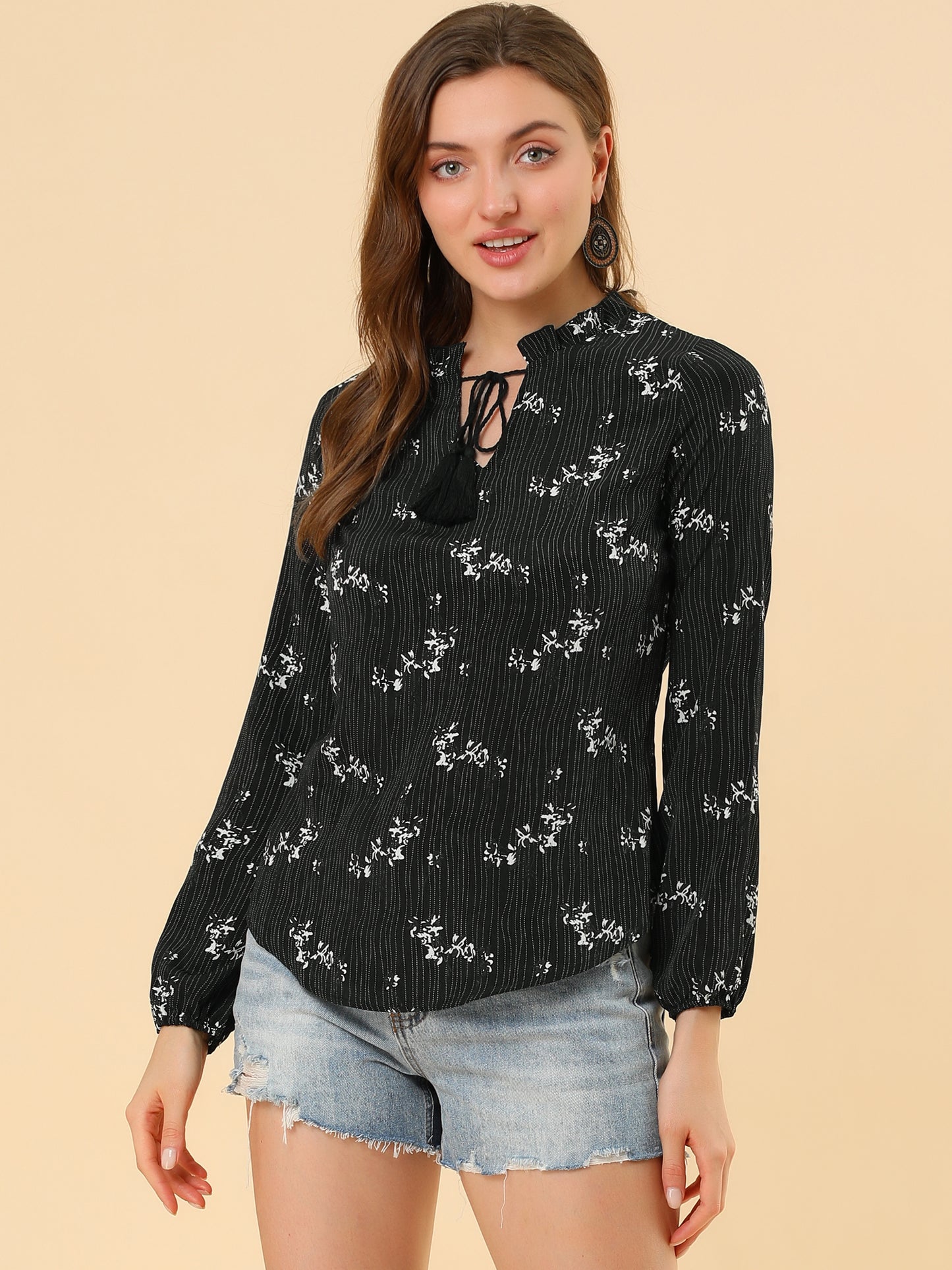 Women's Boho Tassel Self Tie Neck Long Sleeve Floral Peasant Blouse