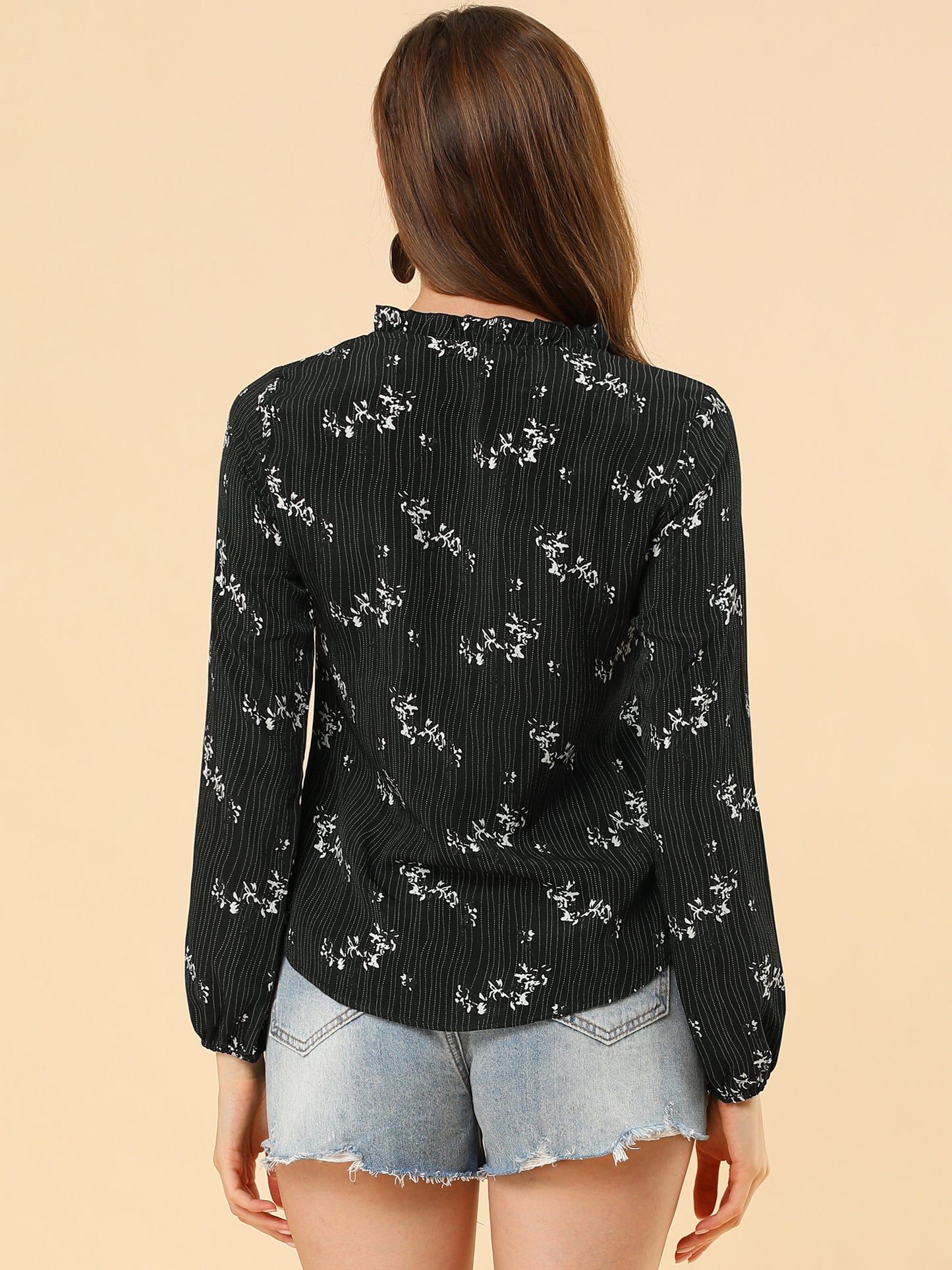 Women's Boho Tassel Self Tie Neck Long Sleeve Floral Peasant Blouse
