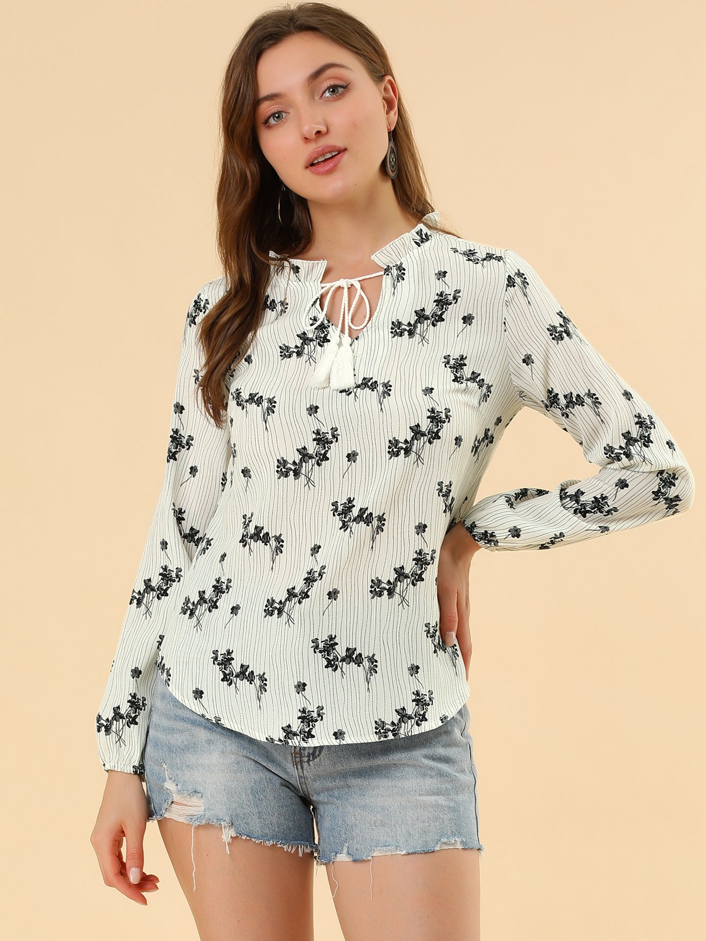 Women's Boho Tassel Self Tie Neck Long Sleeve Floral Peasant Blouse