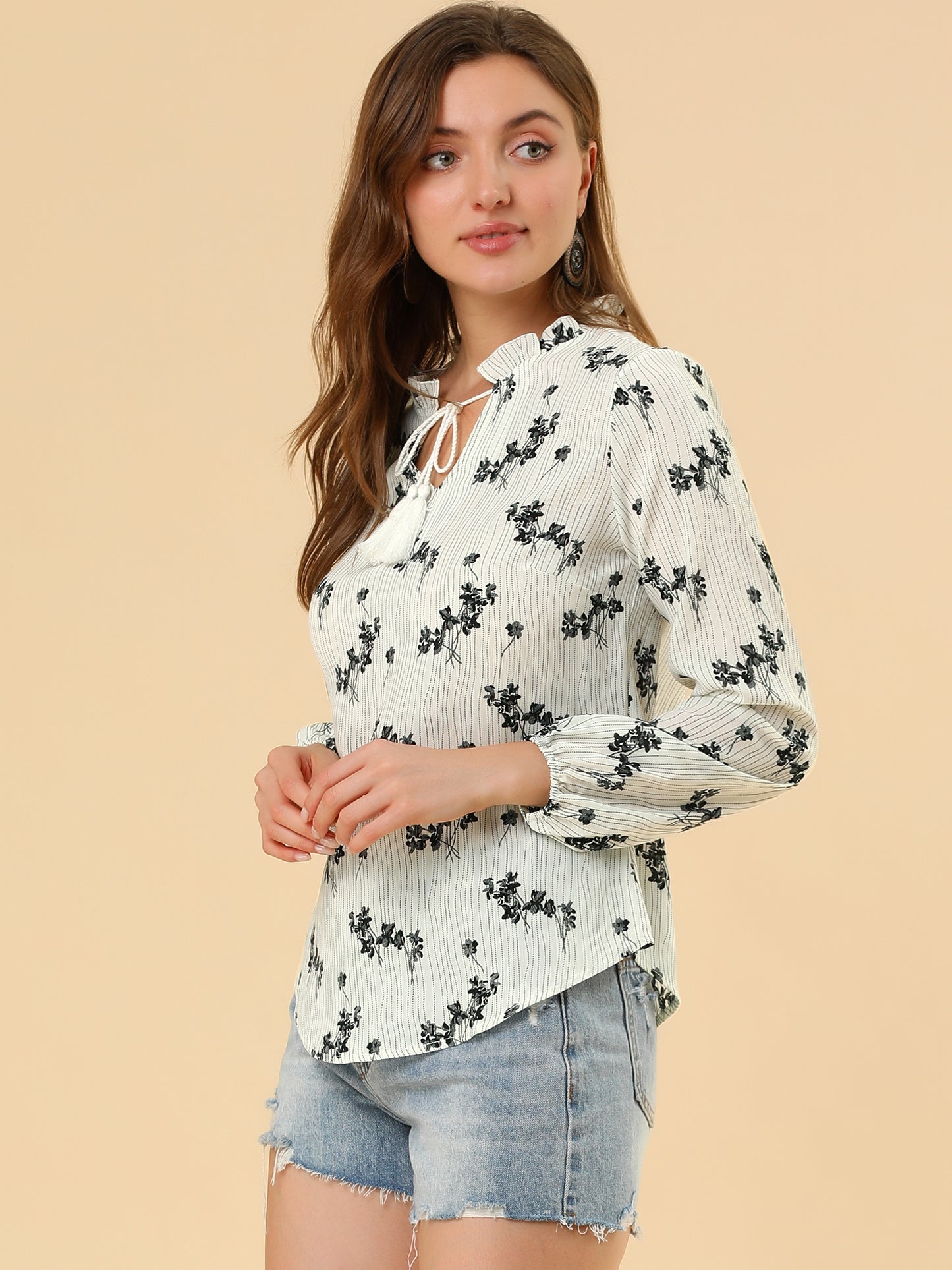 Women's Boho Tassel Self Tie Neck Long Sleeve Floral Peasant Blouse