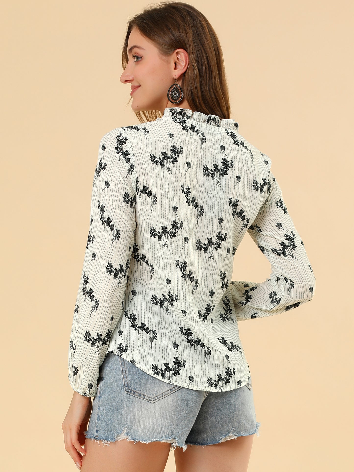 Women's Boho Tassel Self Tie Neck Long Sleeve Floral Peasant Blouse