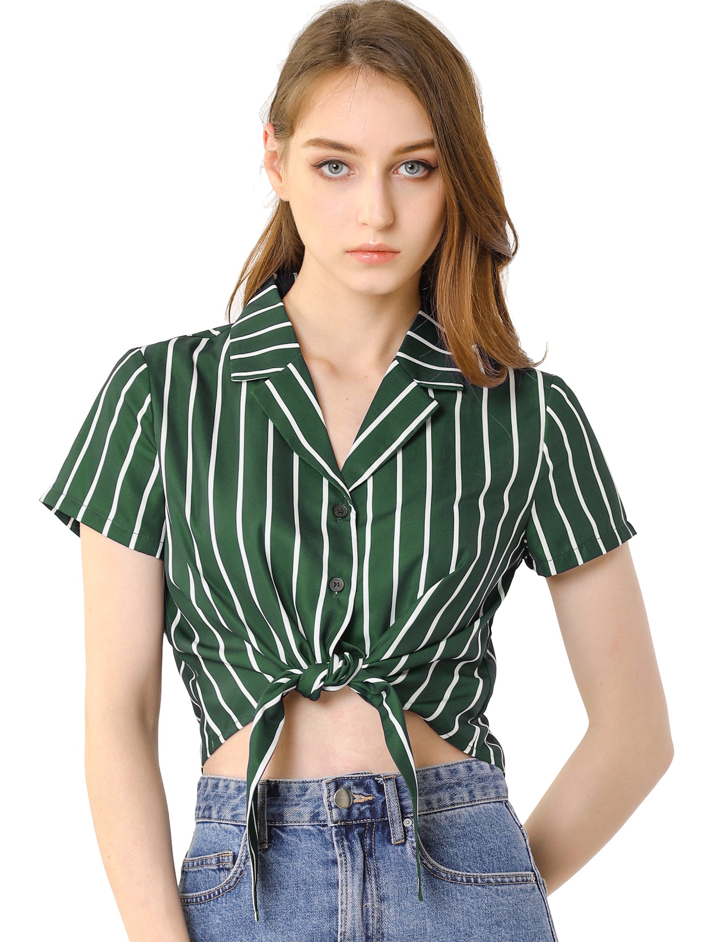 Women's Retro Striped Button Up Short Sleeve Tie Front Crop Shirt