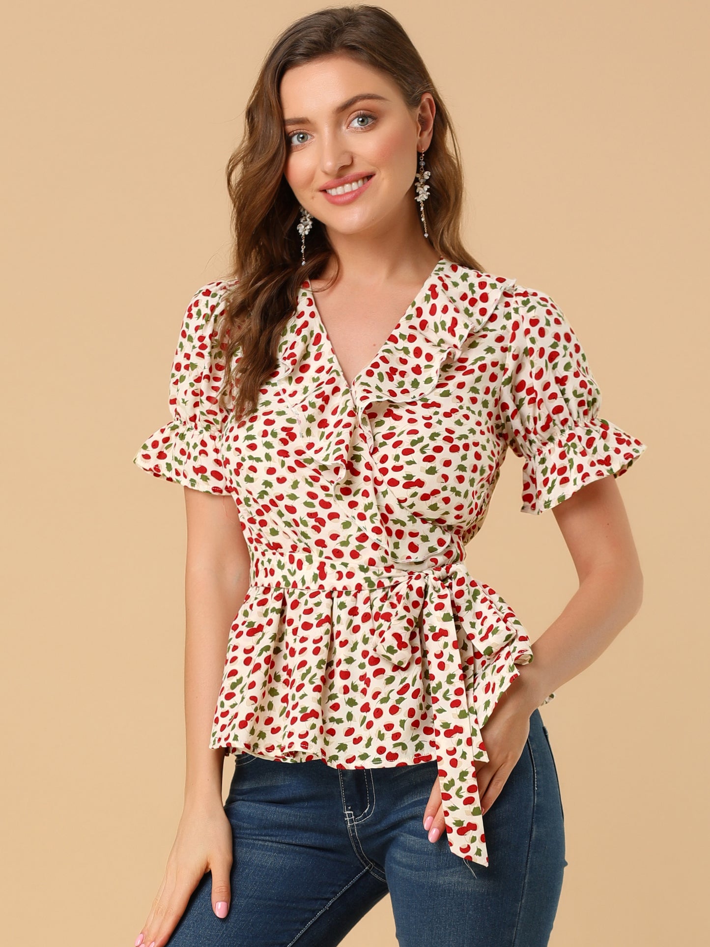 Women's Peplum Top Crossover V Neck Ruffle Wrap Blouse